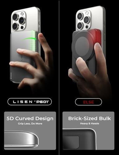 LISEN Card Mag 0.3″ Mag Safe Portable Charger for i Phone – 5,000 m Ah Magnetic Wireless Power Bank with Fast Charging – Sleek Pink Design for i Phone 16 Pro Max/15/14/13/12 – Ultimate On-the-Go Charging Solution