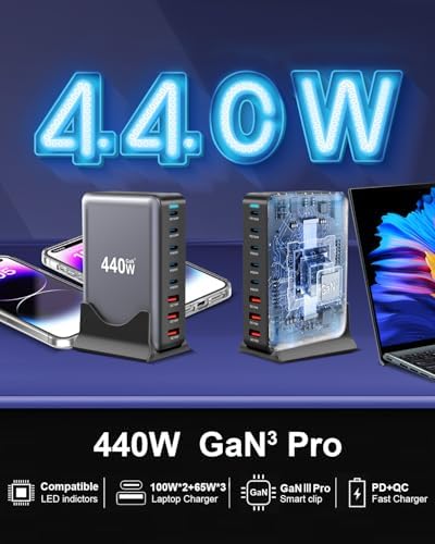 High-Powered 440 W Ga N 8-Port USB-C Charging Hub – Dual PD & PPS Fast Charger for Mac Book Pro/Air, i Phone 16/15/14/13/Pro Max – Compact, Durable Solution for Home, Office & Travel Efficiency