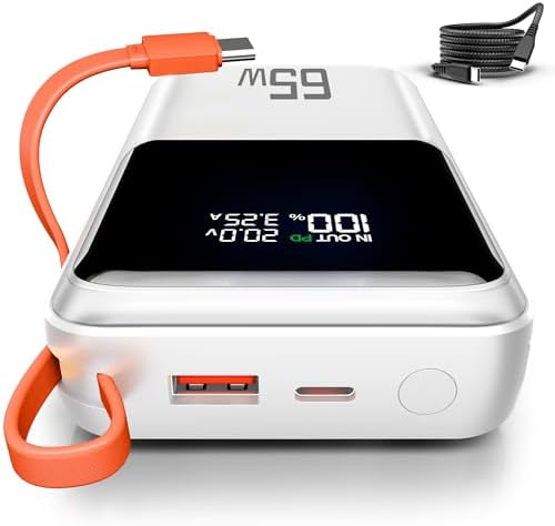 Ultimate 65 W Portable Laptop Power Bank – 27,000 m Ah Triple Port Fast Charger with Integrated USB-C & Lightning Cables | TSA-Compliant for Hassle-Free Travel | Smart Display & Enhanced Safety Features for Mac Book, i Phone, & Steam Deck | Your Essential On-the-Go Charging Solution for Maximum Productivity