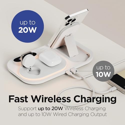 mooas 4-in-1 Fast Wireless Charging Station with LED Clock and Nightlight – Ultimate Multi-Device Charger for i Phone 15/14, Galaxy S24/S23, Apple Watch, and Air Pods – Stylish, Efficient Power Hub with Enhanced Compatibility and Fast Charging Capability