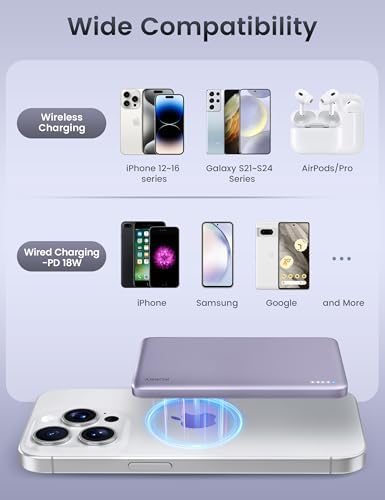 Ultra-Slim Mag Safe Portable Charger by RORRY – 5000 m Ah Magnetic Power Bank for i Phone & Samsung – 18 W Fast Charging Wireless Battery Pack in Elegant Pink – Effortless Portability with Durable Alloy Design