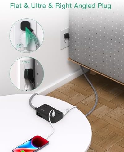 Compact Power Strip with 6 Outlets and 4 USB Ports (2 USB-C) – 5 Ft Braided Extension Cord with Ultra-Slim Flat Plug for Wall Mounting – Essential Overload Protection for Travel, Dorm Rooms, and Cruise Ships – Versatile Device Charger for Modern Living