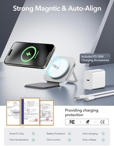 Ultimate 3-in-1 Foldable Magnetic Wireless Charger with Aluminum Alloy Stand – Sleek Mag Safe Charging Station for i Phone 16, 15, 14, 13, 12 Series, Apple Watch & Air Pods with PD 20 W USB-C Adapter – Portable & High-Speed Charging Solution