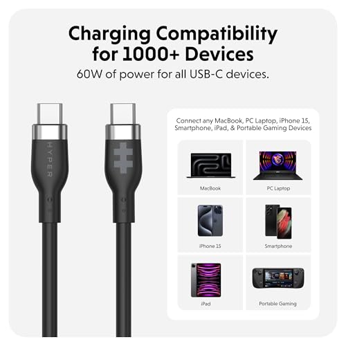 HyperJuice Silicone Charging USBC Cable (1.5m/5ft) w/EcoSmart Silicone Jacket, 60W USB C Charger 3.0 EPR Fast Charge — Tangle-Free USB C Cable 5ft, Withstands 10,000+ Bends (Black) – Enhanced Compatibility and Speed