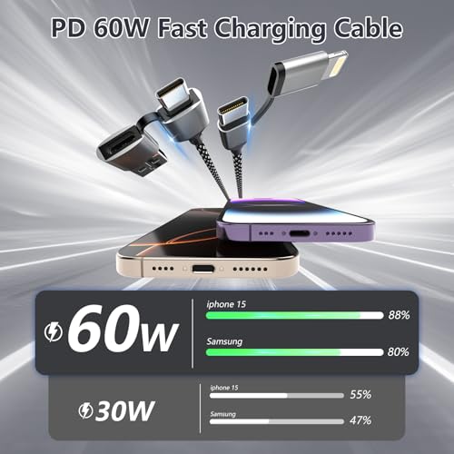 16 FT 4-in-1 USB C Charging Cable – Fast 60 W Lightning, Type C & USB A Compatibility for i Phone 15/14/13/12, Mac Book, i Pad & Samsung – Ultimate Versatile Charging & Data Transfer Solution for On-the-Go Power Users