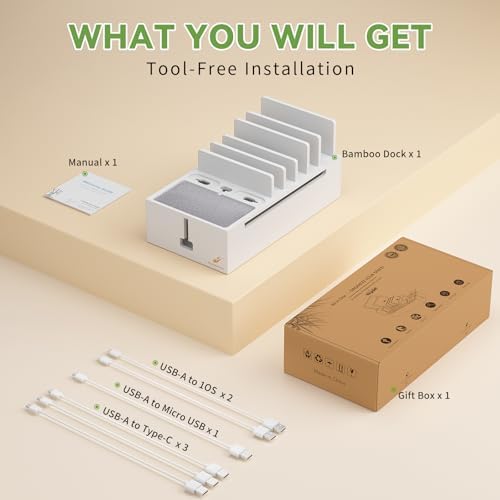 Pezin & Hulin Eco-Friendly Bamboo Cable Management Box – Sleek Desktop Organizer with 6 Cables for Tidy Charging Station, Stylish Wire Organizer for Electronic Devices, Enhances Workspace Efficiency and Aesthetics