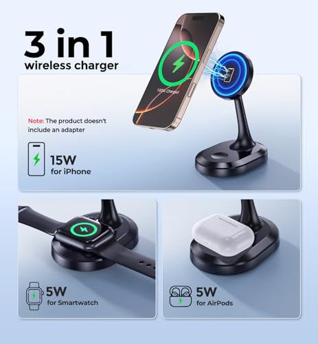 Revolutionary 3-in-1 Magnetic Wireless Charging Station for Apple Devices – 15 W Fast Mag-Safe Charger Stand for i Phone 16, 15, 14, 13, 12 Pro/Pro Max/Plus/Mini, Air Pods Pro/2/3, and i Watch Series – Ultimate Charging Efficiency with Enhanced Compatibility and Cooling Technology – Quick 0-100% Charge in 2 Hours – Secure Magnetic Hold with 22 N55 Magnets – Smart Chip Protection for Optimal Battery Health – Ideal for Apple Enthusiasts Seeking Simplicity and Convenience – Includes Type-C Quick Charge Cable and User Manual – Backed by 365-Day Warranty for Peace of Mind