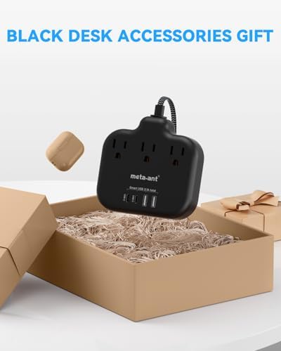 Stylish Brown Travel Power Strip with 5 Ft Cord – Compact Extension Solution Featuring 3 AC Outlets & 4 USB Ports (2 USB-C) for Rapid Charging – Ideal Desk Accessory for Tan Wood and Walnut Grain Décor – Maximize Functionality & Aesthetics in Any Space