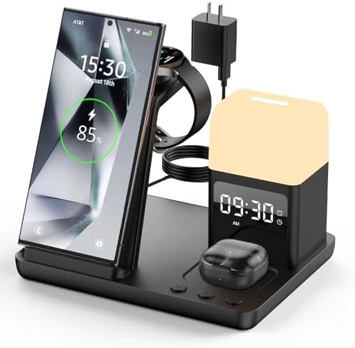 Ultimate 6-in-1 Wireless Charging Station for Samsung & Android: Fast Charger with Alarm Clock & Night Light for Galaxy S25 Ultra, S24, S23, and Samsung Watch7 – Space-Saving Design, Enhanced Compatibility, and Sleek Black Finish for Modern Living