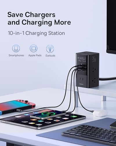 Baseus 10-in-1 USB C Charging Hub – 35 W High-Efficiency Power Station with 6 AC Outlets, Dual USB-A & USB-C Ports for Rapid Device Charging – Ultimate Solution for Home, Office, and Dorm with Advanced Safety Features for Mac Books, Tablets, and Smartphones