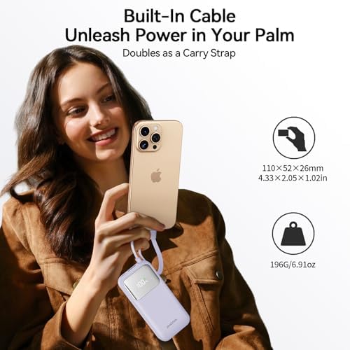 10,000 m Ah Portable Power Bank with Integrated USB-C Cable – Ultra-Fast Charging Solution for i Phone 16/15, Mac Book, Galaxy, i Pad & Air Pods – Your Essential Travel Power Companion with Superior Device Compatibility and Speed