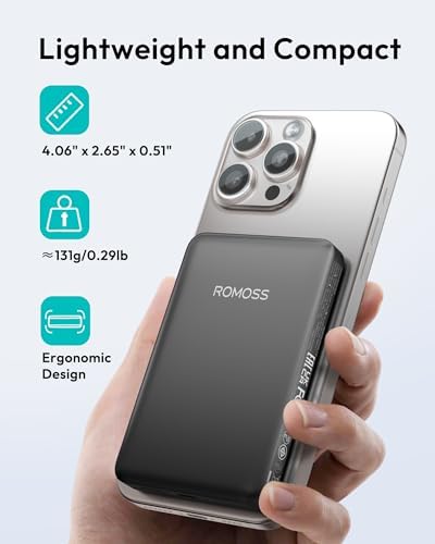 ROMOSS Magnetic Wireless Power Bank – 10,000 m Ah Portable Charger with PD 20 W Fast Charging for i Phone 12-16 Series – Compact, Lightweight, and Tangle-Free Mag Safe Battery Pack with USB-C Port – Ultimate On-the-Go Charging Solution