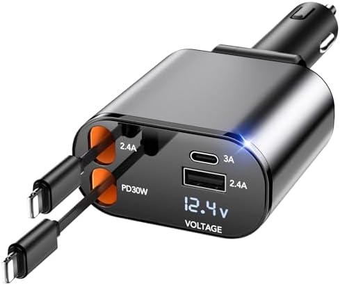 Ultimate 4-in-1 Retractable Car Charger with Dual USB Lightning Ports – 60 W Fast Charging Solution for i Phone 11-16, Tangle-Free 2.6 Ft Cables, Compact Design for Effortless On-the-Go Power Management