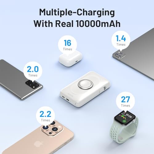Magnetic Wireless Power Bank for Apple Devices – BLAVOR 10,000 m Ah Portable Charger with Built-in Cables and 20 W Fast Charging, Seamless Compatibility for i Phone 16/15/14/13/12 and Apple Watch, Integrated Stand for Hands-Free Use, Sleek White Design – Ultimate Convenience for On-the-Go Charging