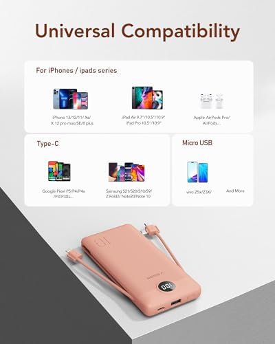 VEGER Ultra-Slim 10,000 m Ah Portable Charger with Built-in Cables and Integrated Wall Plug – Fast Charging Power Bank for i Phone, i Pad, Samsung, and More – Essential Travel Battery Pack for On-the-Go Charging and Enhanced Device Compatibility
