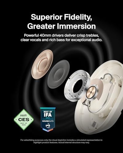 Belkin Sound Form Isolate Bluetooth Over-Ear Headphones – Premium Hybrid Active Noise Cancelling Technology for Immersive Audio, Luxurious Cloud Cushion Design for All-Day Comfort, Unmatched 60-Hour Battery Life with Quick Charge, Advanced Bluetooth 5.4 Connectivity for Crystal-Clear Sound – Ideal for Travel, Home, and Office Use in Elegant Sand Finish