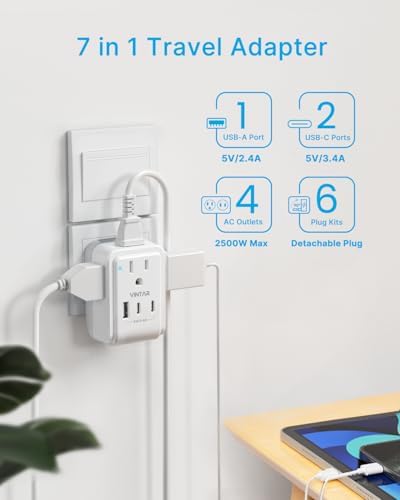 VINTAR All-in-One Global Travel Adapter: Ultimate Universal Power Converter with 4 AC Outlets & 3 High-Speed USB Ports (2 USB-C) – Enhanced Worldwide Compatibility for Europe, UK, Australia, Japan, and Africa – Must-Have Travel Accessory with Interchangeable Plug Attachments for Effortless Device Charging