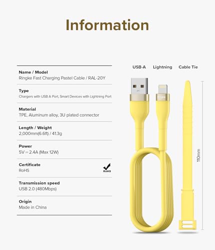 Elevate Your Charging Experience with the Ringke 6.6 FT USB to Lightning Pastel Charger Cable – Purple | Fast Charging & Enhanced Durability for i Phone, i Pad, Air Pods | Tangle-Free Design for Effortless Connectivity in Style