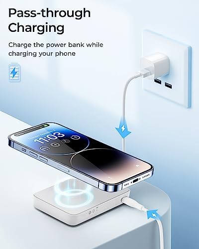 BENKS 10,000 m Ah Magnetic Power Bank – Ultra-Fast Wireless Charger for i Phone 15/14/13/12 Series, Mag Safe-Compatible, Sleek Pink Design with Dual 20 W USB-C Ports for Rapid Charging and Enhanced Portability