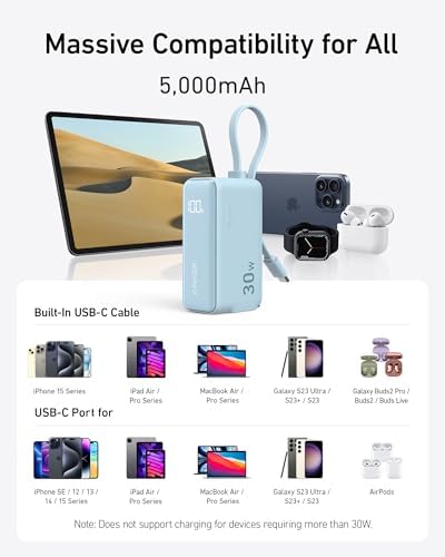ANKER 3-in-1 Portable Power Bank with USB-C Charger Block – 5,000 m Ah Fast Charging Battery Pack with Built-in Cable and Foldable AC Plug for i Phone 15, Galaxy, Mac Book – Ultra-Compact Design for Ultimate Convenience and Speed