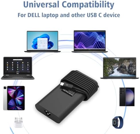 Premium 90 W USB-C Laptop Charger for DELL – Efficient Replacement for Latitude, XPS & Chromebook Series – Rapid Charging Solution with Advanced Safety Features – Compact & Travel-Friendly Design – Certified for Safety and Performance (CE/FCC/ROHS) – Backed by 30-Day Money-Back Guarantee and 1-Year Repair Service – Versatile Compatibility with Multiple Models – Smart Chip Technology for Optimal Charging Efficiency – Ideal for Home, Office, and On-the-Go Use – Durable Construction for Long-Lasting Reliability – Experience Enhanced Power Supply with Minimal Heat Generation – The Perfect Companion for Your DELL Devices