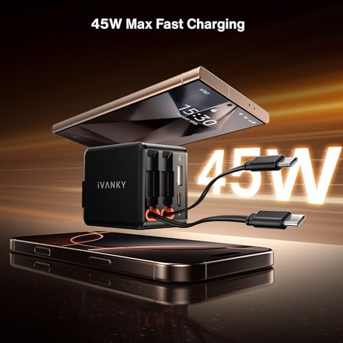 i VANKY 84 W Retractable Wall Charger – 4-Port USB Power Adapter with Dual Cables for Fast Charging – Compact Travel Solution for i Phone 16/15, i Pad, Samsung – Smart Charging Hub for Home and Office Efficiency