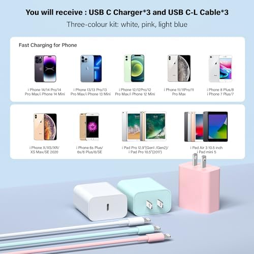 Ultimate Fast Charging i Phone Charger Kit: 3-Pack 6 FT USB-C to Lightning Cables & Compact Wall Charger for i Phone 14/13/12 Pro Max/11/X/XS/XR/Air Pods Pro/i Pad – Stylish Pink, White & Green Options – Efficient Power Solutions for All Apple Devices