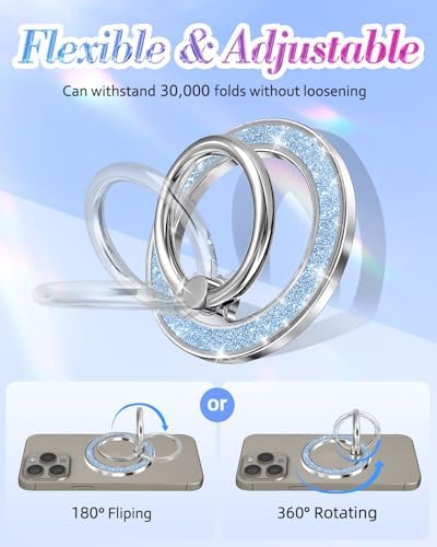 Glamorous Blue Glitter Mag Safe Phone Ring Holder – Stylish Magnetic Grip for i Phone 16, 15, 14, 13 Pro Max & Plus – Secure Finger Stand for Enhanced Control and Protection – Effortless Attachment and Detachment for Fashion-Forward Users