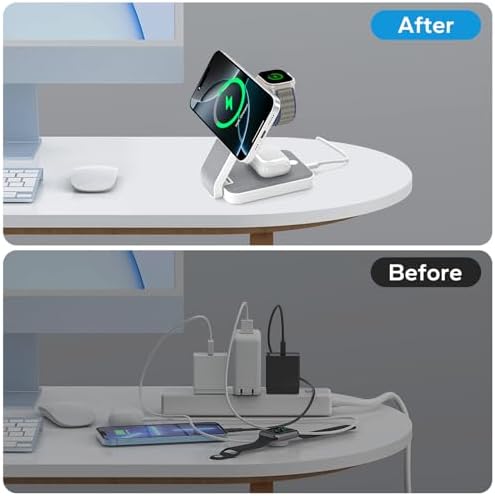 Ultimate 3-in-1 Foldable Wireless Charging Station for Apple Devices – Mag Safe Compatible Nightstand Dock for i Phone 16/15/14/13 Pro Max, Apple Watch & Air Pods with Integrated Night Light, Portable Travel Charger for Effortless Device Management