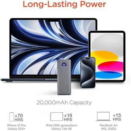 High-Capacity 10,000 m Ah Portable Power Bank with 20 W USB-C PD Fast Charging – Dual-Port Charger for i Phone, Galaxy & More – LED Display for Battery Life Monitoring, Up to 35 Hours Extra Power, Compact Travel Essential for On-the-Go Charging