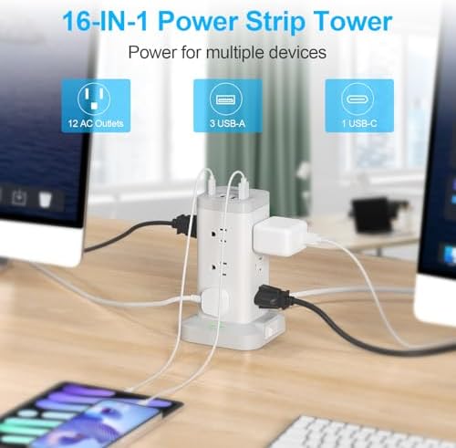 Maximize Workspace Efficiency with the BEVA Surge Protector Power Strip Tower – 12 AC Outlets & 4 Fast-Charging USB Ports, 6.5 FT Extension Cord for Optimal Device Organization and Safety in Office and Home Settings
