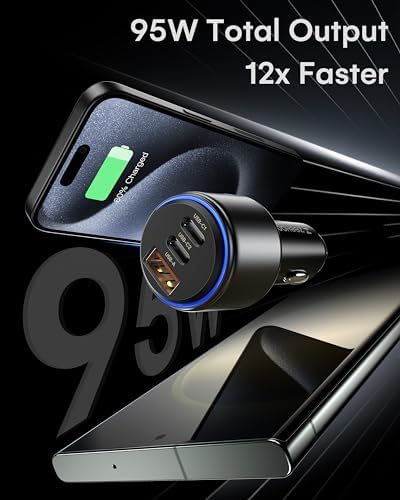 ZEEHOO 95 W High-Speed USB-C Car Charger – Dual Port Fast Charging Adapter for i Phone 15 Pro Max, Samsung Galaxy S23/S22 & More – Ultimate Device Compatibility and Safety Features for On-the-Go Power