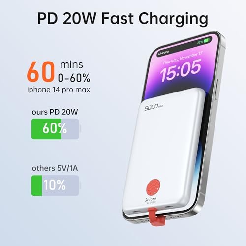 Ultra-Slim Magnetic Power Bank 5000 m Ah – PD 20 W Fast Charging Portable Charger with Built-in USB-C Cable for i Phone 15/16 & Samsung Android – Compact Travel Battery Pack for Effortless Power On-the-Go