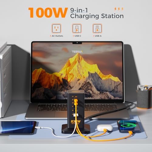 TESSAN 30 W 9-in-1 Multi-Device Charging Station with Surge Protection – Ultimate Charger Block for i Phone 16/15/14/13, Tablets, and Earphones – 5 ft Flat Extension Cord with 4 USB A & 2 USB C Ports – Compact Design for Home, Office, or Dorm – Enhanced Safety and Efficiency