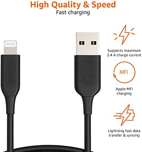 Amazon Basics MFi Certified 2-Pack Lightning Charger Cables – 6 Foot USB-A to Lightning, Optimized for i Phone 14, 13, 12, 11, X, Xs Pro, Pro Max, Plus & i Pad – Durable ABS Design for Fast Charging & Data Syncing, Sleek Black Finish, Essential Backup Solution