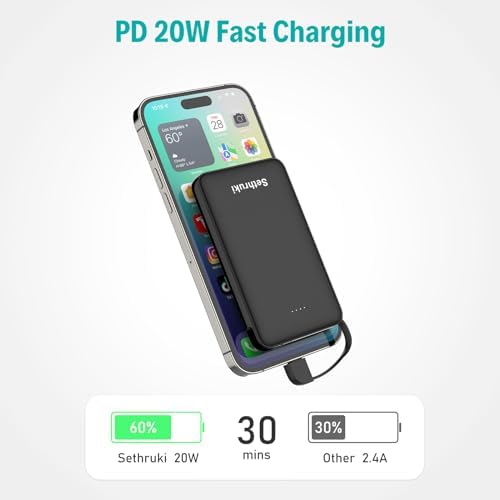 Ultra-Slim 20 W Fast Charging Power Bank with Built-in USB C Cable – 6000 m Ah Lightweight Portable Charger for i Phone 16, 15, Samsung & Android Devices – Essential Travel Battery Pack for On-the-Go Power Needs