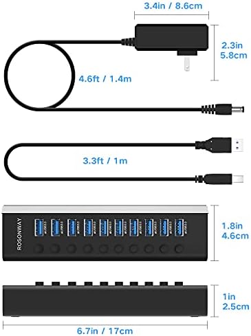 Enhance Your Workspace with the Rosonway Aluminum 10-Port USB 3.0 Hub – High-Speed Data Transfer, 36 W Power Adapter & Individual On/Off Switches for Ultimate Control – Perfect for Home and Office Connectivity