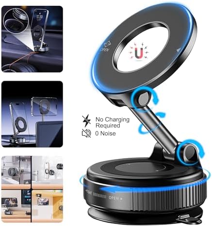 Foluu Magnetic Car Phone Holder – Strong Vacuum Suction Cup Mount 360° Rotation – Compatible with iPhone 16 15 14 13 12 Android – Car Accessories (White) – Enhanced Compatibility and Speed