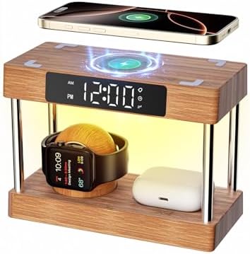 Eco-Friendly Bamboo Wireless Charging Station with Alarm Clock – Multi-Device Bedside Charger for i Phone, Air Pods & i Watch – Fast Charging & Adjustable Night Light – Perfect Gift for Him or Her