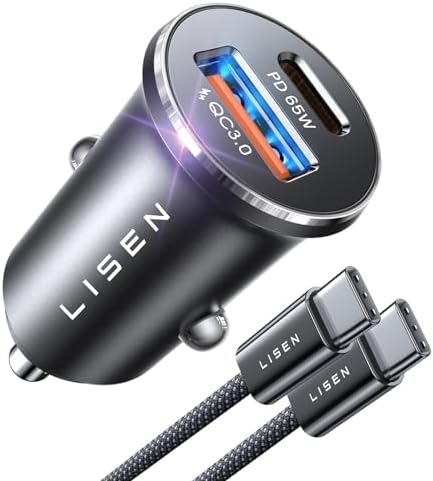 LISEN 95 W USB C Car Charger Adapter – Fast Charging PD65 W Dual Port Cigarette Lighter Charger for i Phone 15 Pro Max, Plus 14 & Samsung Galaxy – Durable All-Metal Design for Ultimate Compatibility and Convenience