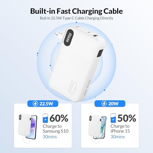 Ultimate 10,000 m Ah Portable Charger with Built-in Cables – 22.5 W Fast Charging Power Bank for i Phone 16/15/14/13, Samsung Galaxy S24/S23/S22, Google Pixel, and LG Devices – Travel-Friendly Battery Pack with AC Wall Plug for Effortless Recharging, Sleek Black Design for On-the-Go Convenience
