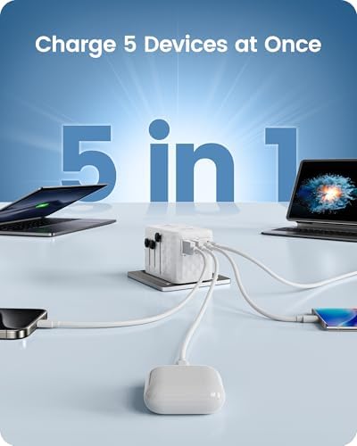 85 W Universal Travel Power Adapter with Retractable USB-C Cable – Optimal Fast Charging Hub for Global Use, Featuring 4 Ports for Seamless Connectivity in US, EU, UK & Beyond, Engineered for On-the-Go Professionals Seeking Efficiency and Versatility