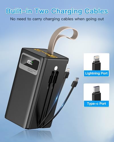 High-Capacity 60000 m Ah Power Bank with Dual Fast Charging Cables, 22.5 W Output, 7 Port Multi-Device Charger, Essential for Outdoor Adventures and Daily Use, Sleek Black Design with LED Flashlight for Emergencies – Ultimate Portable Charging Solution