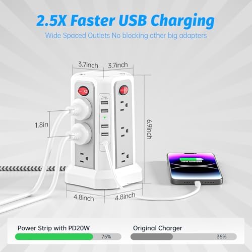 Revolutionize Your Charging Experience: 10 FT Surge Protector Power Strip Tower with 16 Outlets & 4 USB Ports – Efficient Desk Charging Station for Home, Office, or Dorm Room – Ultimate Space-Saving Solution with Robust 1625 W Power Output and Enhanced Safety Features