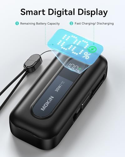 Ultra-Fast 30 W Retractable Portable Charger – 10,000 m Ah Power Bank with Built-In Cables for i Phone, i Pad & Samsung – Airline-Approved Travel Powerbank with Smart Display & Detachable Strap for Ultimate Convenience
