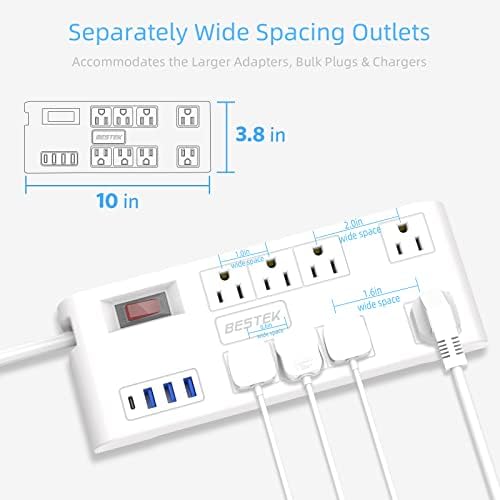 BESTEK 8-Outlet Power Strip with 5-Foot Extension Cord: Multi-Port USB Charging Hub Featuring 3 USB-A (2.4 A) & 1 USB-C (3 A) | 1625 W Max Output with 600 Joule Surge Protection for Enhanced Device Safety | Ultra-Compact Design for Home & Office Efficiency