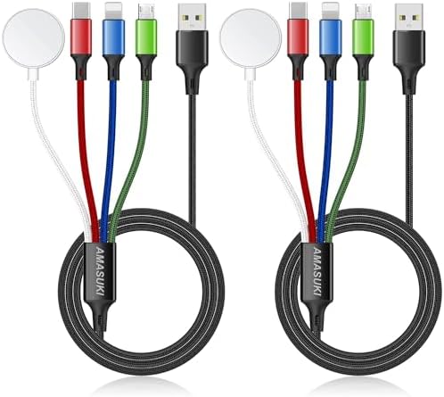 2 Pack 4-in-1 Multi Charging Cable for Apple Watch & i Phone – Travel-Ready Nylon Braided USB C & Micro Compatibility – 4 FT Length for Enhanced Flexibility and Fast Charging – Ideal for Galaxy Android Devices and On-the-Go Power Needs