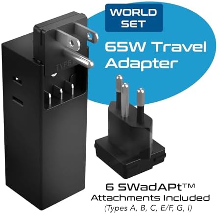 Ceptics 65 W Ga N World Travel Adapter – Ultimate Fast Charging Power Hub with Dual US Outlets, 1 USB-A & 2 Quick Charge USB-C Ports – Compact & Lightweight Design for Global Compatibility in Over 150 Countries – Essential Travel Power Solution for Laptops and Mobile Devices