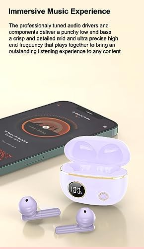 Acuvar Bluetooth 5 Waterproof Earbuds with Microphone – Rechargeable USB-C Case & LCD Display for i OS & Android Devices (Purple) – Superior Sound, Ergonomic Comfort & Adventure-Ready Design