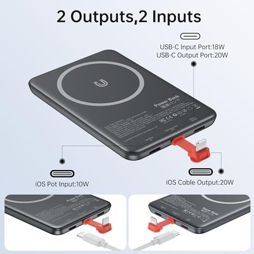 Ultra-Slim Magnetic Power Bank 5000 m Ah – PD 20 W Fast Charging Portable Charger with Built-in USB-C Cable for i Phone 15/16 & Samsung Android – Compact Travel Battery Pack for Effortless Power On-the-Go